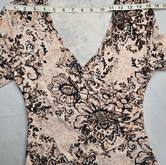 Garnet Hill Faux Wrap Dress Neutral Ivory Brown Floral Knee Length 3/4 Sleeve XS - Picture 8 of 12